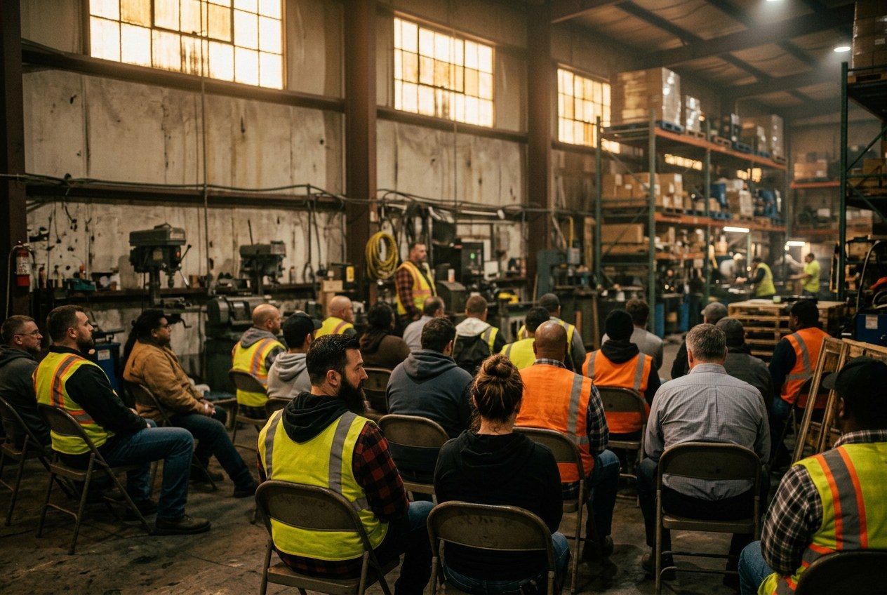 Workers and managers gathered at a warehouse shift meeting